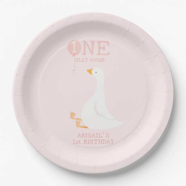 One Silly Goose Pink Girls 1st Birthday Paper Plates (Front)