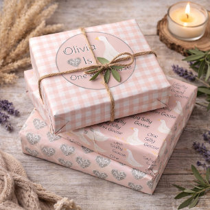 One Silly Goose Pink Girl's Birthday Party Wrapping Paper Sheets
