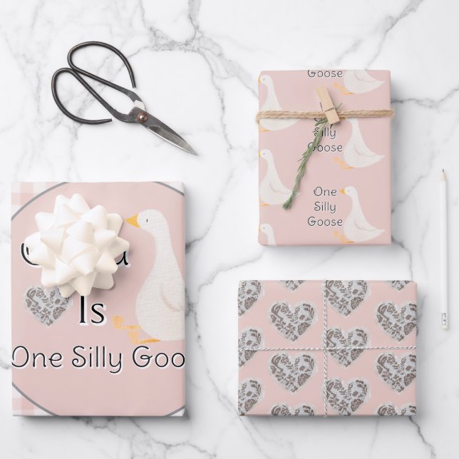 One Silly Goose Pink Girl's Birthday Party Wrapping Paper Sheets (Front)