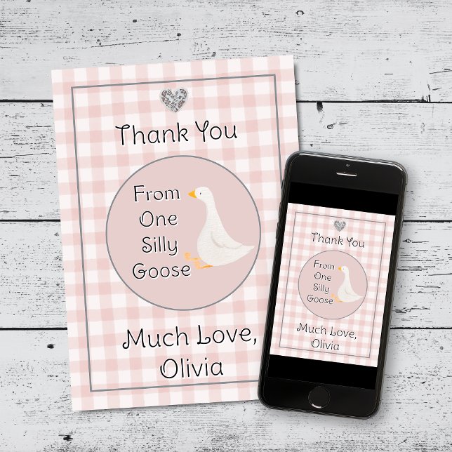 One Silly Goose Pink Gray Birthday Party Thank You Card (Girl 1st Birthday Party Thank You Cards)