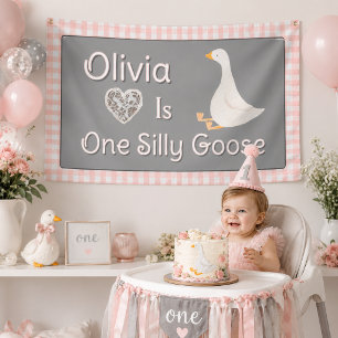 One Silly Goose Pink Gray Girl's Birthday Party Banner