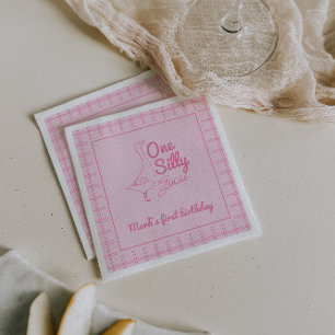 One Silly Goose Pink Hand Drawn Girl 1st Birthday Napkins