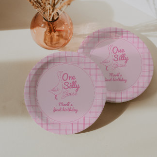 One Silly Goose Pink Hand Drawn Girl 1st Birthday  Paper Plates