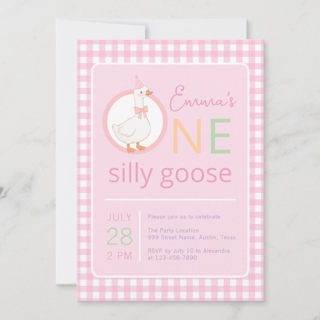 One Silly Goose Pink Party Hat Girl First Birthday Invitation (Front)