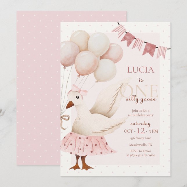 One Silly Goose Pink Pastel 1st Birthday Invitation (Front/Back)
