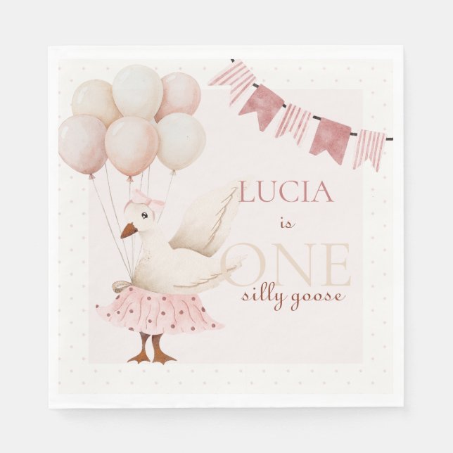 One Silly Goose Pink Pastel 1st Birthday Napkins (Front)