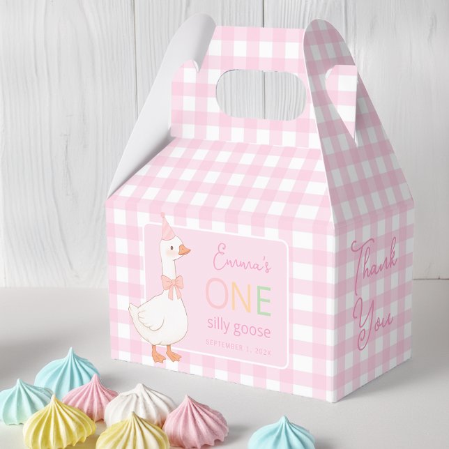 One Silly Goose Pink Plaid Girl 1st Birthday Party Favor Boxes (Creator Uploaded)