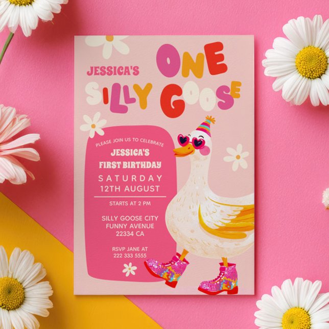One Silly Goose Pink Retro Kids First Birthday Invitation (Creator Uploaded)