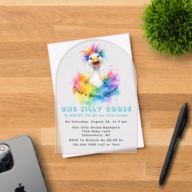One Silly Goose Rainbow Baby Shower Cute Acrylic Invitations (Insitu (Invitation Card))