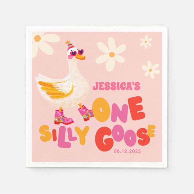 One Silly Goose Retro Pink Kids' Birthday Party  Napkins (Front)