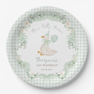 One Silly Goose Sage Green Gingham 1st Birthday Paper Plates