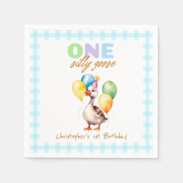 One Silly Goose Soft Blue Gingham Boy 1st Birthday Napkins (Front)
