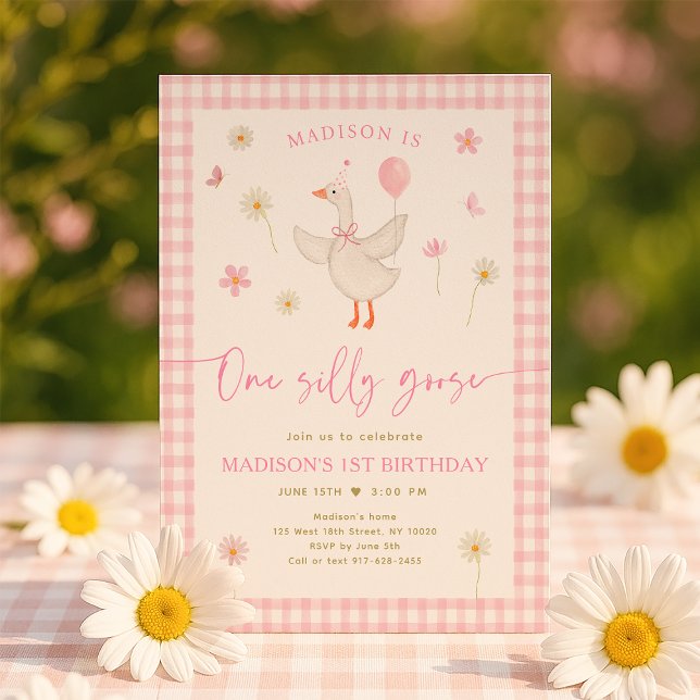 One Silly Goose Spring Pink Daisy First Birthday Invitation (Creator Uploaded)