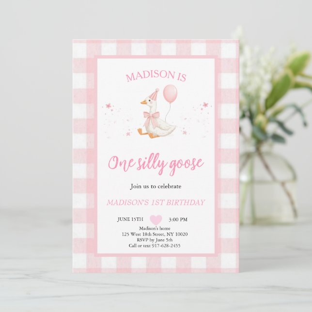 One Silly Goose Spring Pink Daisy First Birthday  Invitation (Standing Front)