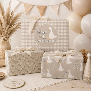 One Silly Goose Tan Gingham First Birthday Party Wrapping Paper Sheets