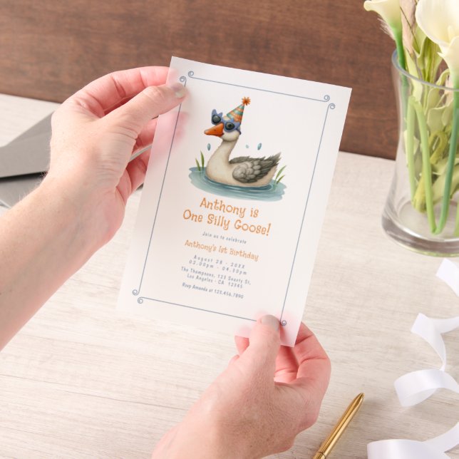 One Silly Goose Translucent First Birthday Party Vellum Invitations (Handheld)