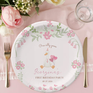 One Silly Goose Vintage Pink Duck 1st Birthday  Paper Plates