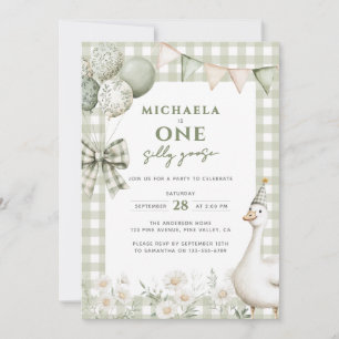 One Silly Goose Watercolor First Birthday Green Invitation