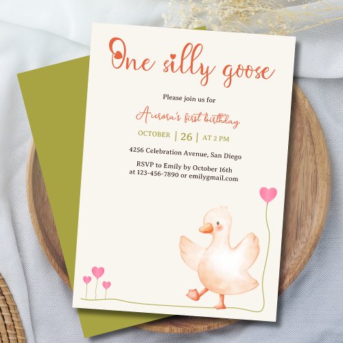 One Silly Goose Watercolor First Birthday Party Invitation