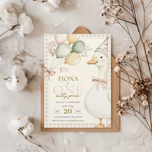 One Silly Goose Watercolor Gingham 1st Birthday Invitation | Zazzle