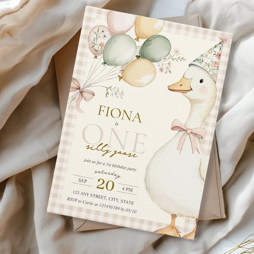 One Silly Goose Watercolor Gingham 1st Birthday Invitation