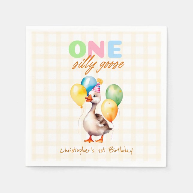 One Silly Goose Yellow Gender Neutral Gingham  Napkins (Front)