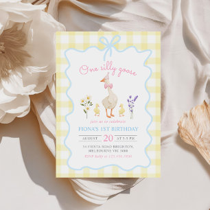 One Silly Goose Yellow Gingham 1st Birthday Invitation