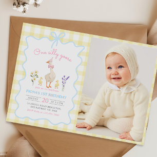 One Silly Goose Yellow Gingham 1st Birthday Photo Invitation