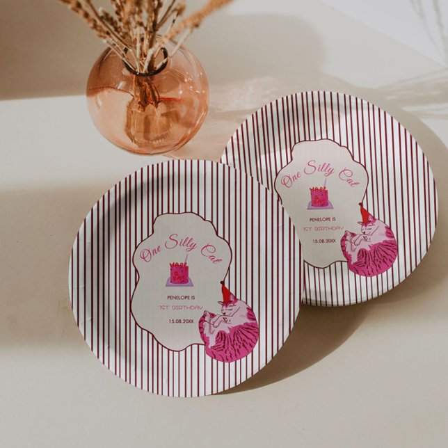 One Silly Pink Kitty 1st Birthday Paper Plates (Creator Uploaded)