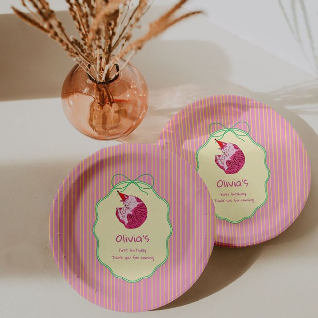 One Sleepy Cat 1st Birthday – Yellow Stripes Paper Plates (Creator Uploaded)