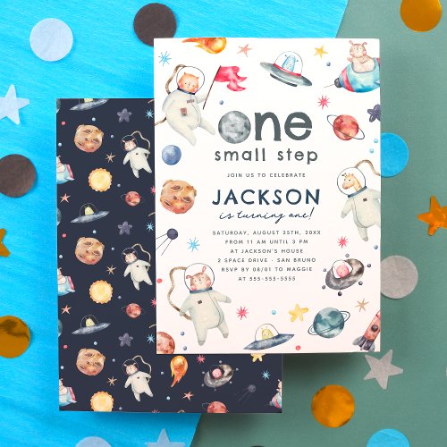 One Small Step  Space Animals 1st Birthday Party Invitation