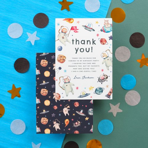 One Small Step  Space Animals 1st Birthday Party Thank You Card