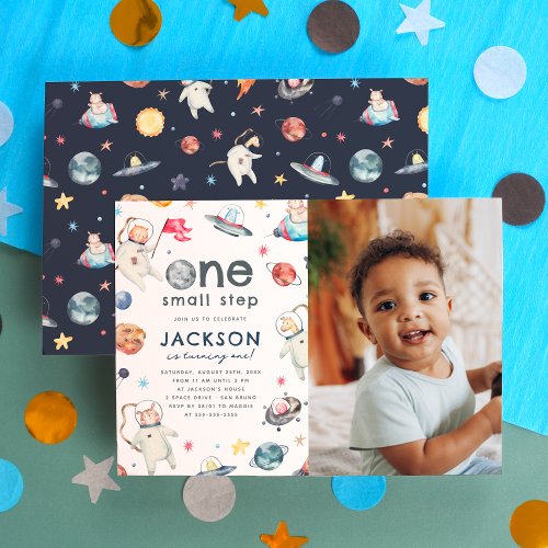 One Small Step  Space Animals 1st Birthday Photo Invitation