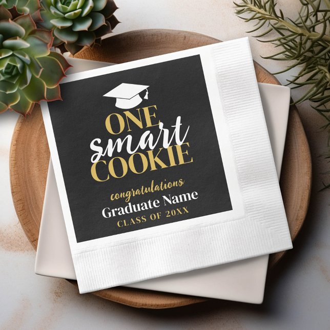 One Smart Cookie - Modern Black Gold Graduation Napkins (Custom Graduation Party Napkin - Modern Black and Gold Design with Grad's Name)