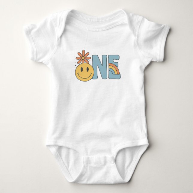 ONE – Smiley Face & Rainbow 1st Birthday Outfit Baby Bodysuit (Front)