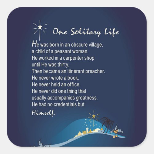 One Solitary Life Religious Christmas Navy Square Sticker