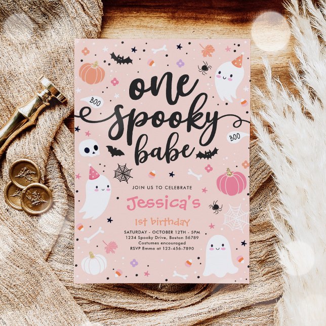 One Spooky Babe Cute Halloween Ghost 1st Birthday Invitation (Creator Uploaded)