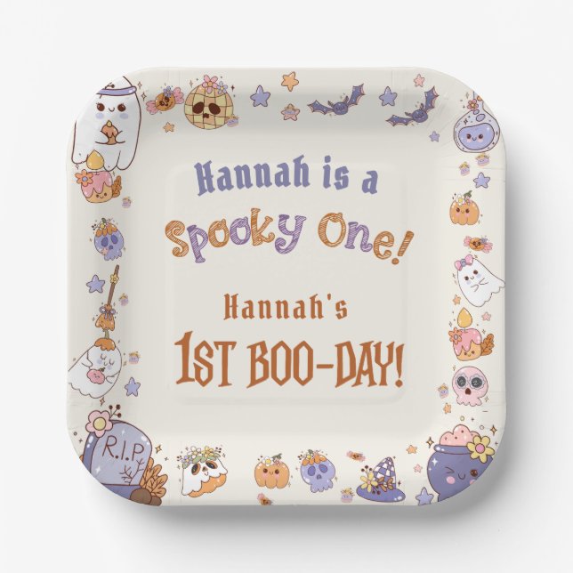 One Spooky Babe Cute Halloween Ghost 1st Birthday Paper Plates (Front)