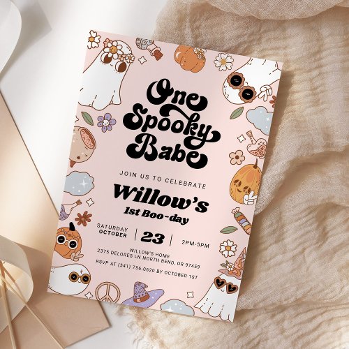 One Spooky Babe Groovy Halloween 1st Birthday Invitation