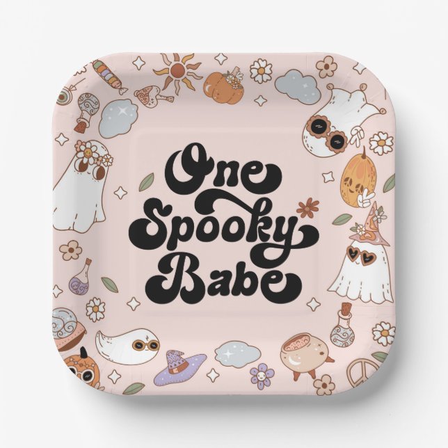 One Spooky Babe Groovy Halloween 1st Birthday Paper Plates (Front)