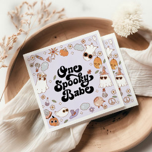 One Spooky Babe Purple Groovy Halloween Birthday Napkins