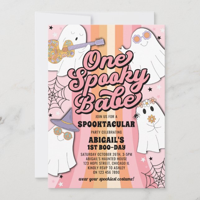 One Spooky Babe Retro Pink Halloween 1st Birthday Invitation (Front)