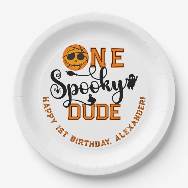 One Spooky Dude Basketball Boys Rad Kids Birthday Paper Plates (Front)