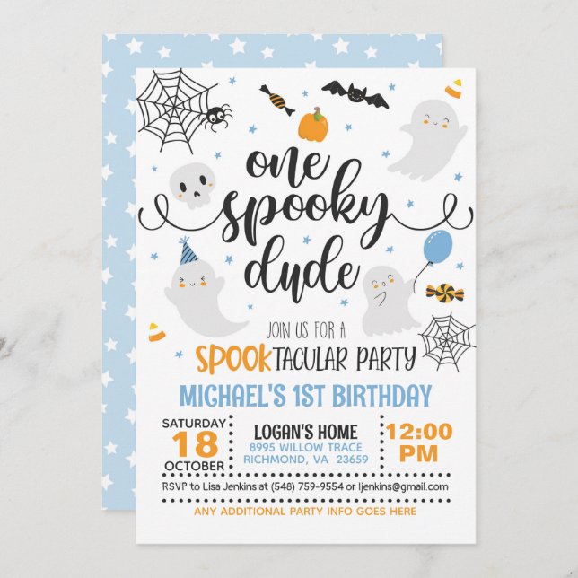 One Spooky Dude Birthday Invitation - Boy (White) (Front/Back)