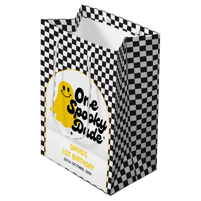 One Spooky Dude Groovy Checker First Birthday Medium Gift Bag (Front Angled)