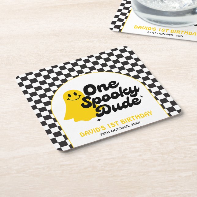 One Spooky Dude Groovy Halloween First Birthday Square Paper Coaster (Angled)