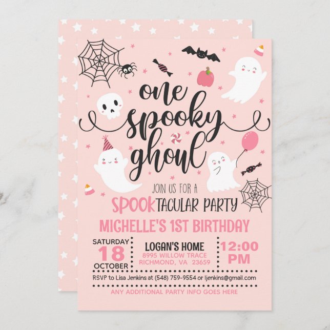 One Spooky Ghoul Birthday Invitation - Girl (Pink) (Front/Back)