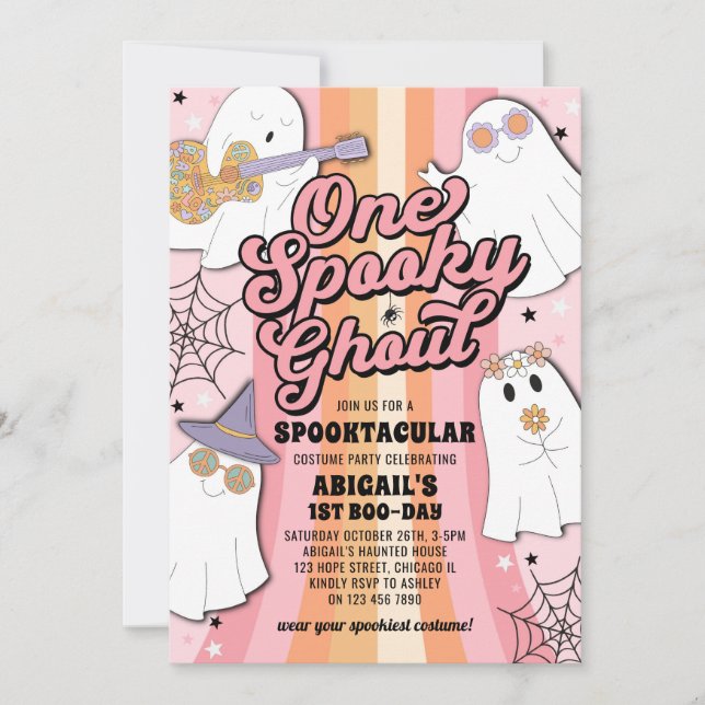 One Spooky Ghoul Pink Halloween Girl 1st Birthday Invitation (Front)