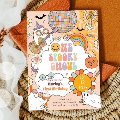 One Spooky Ghoul Retro Halloween First Birthday Invitation