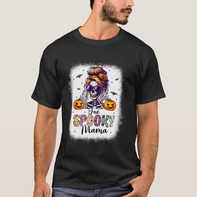 One Spooky Mama Mommy Halloween Mom Life Messy Bun T-Shirt (Front)
